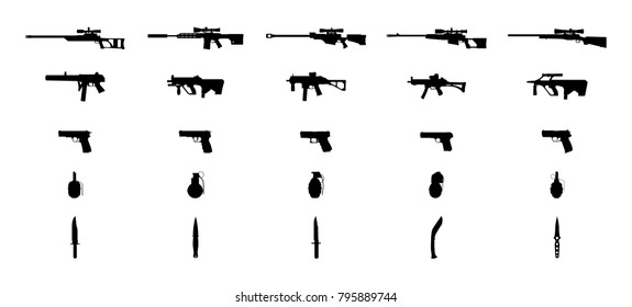 Weapons silhouettes set. Knifes, grenades, pistols, machineguns and sniper rifles. Vector EPS10.