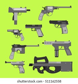 Weapons vector handguns collection. Pistols, submachine guns icons. Gun illustration.