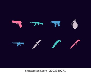 Juego de iconos de vector de armas. Iconos de armamento militar. Tipos de armas.