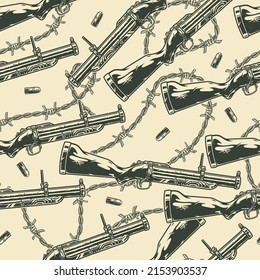 Armas vintage cañones monocromáticos sin fisuras Lanzador de granadas Thumper con conchas de combate y alambre de púas estilo retro ilustración vectorial