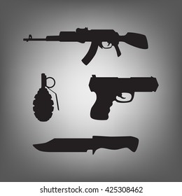 Weapons of war. Pistol. Knife. Grenade. Machine gun. Black silhouettes. Military equipment.