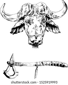 weapons of the wild West, drawn with ink on a white background