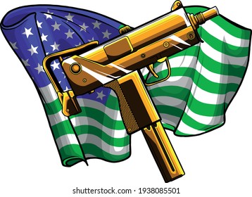 arma Uzi con ilustración de vector de bandera estadounidense