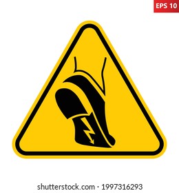 Wear anti-static footwear warning sign. Vector illustration of yellow triangle sign with shoe with lightning bolt on sole. Caution static electricity. Protective shoes are compulsory.