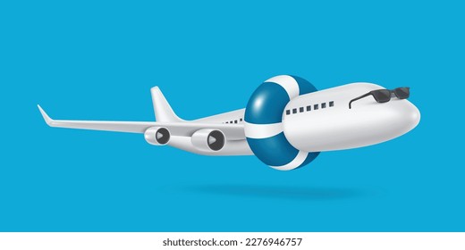 Wear a blue-and-white lifebuoy on the body of the plane,vector3d isolated on blue background  for summer season concept design,vector for summer travel advertising design
