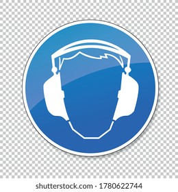 Tragen Sie Ohrschutz. Der Ohrschutz muss auf transparentem Hintergrund getragen werden, ein obligatorisches Zeichen oder ein Sicherheitszeichen. Vektorgrafik. Eps10 Vektordatei.