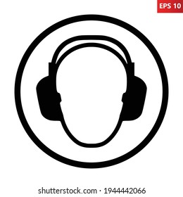 Wear ear protection sign. Vector illustration of circular black and white sign with human head wearing headphones icon inside. Hearing protection symbol isolated on white background. Caution noise.