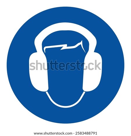 Wear ear protection sign. Vector illustration of circular Circle blue sign with human head wearing headphones icon inside. Hearing protection symbol isolated on white background. Caution noise.