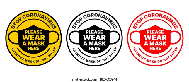 Wear a face mask before entrance. Door plate on the facade door. No mask no entry. Preventive measure against infection with COVID-19 (coronavirus). Illustration, vector