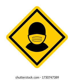 Wear a Face Mask or Face Covering Required Icon in Black and Yellow Diamond-Shaped Traffic Sign Style. Vector Image.