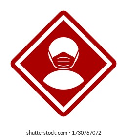 Wear a Face Mask or Face Covering Required Icon in Red and White Diamond-Shaped Traffic Sign Style. Vector Image.
