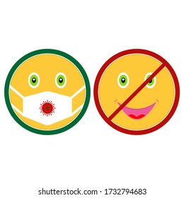 Wear A Face Mask. Emoticon Icons. No Entry Without Face Mask. Red And Green Signs. Warning Symbols With Emoji. Vector Image, Illustration With Smileys.