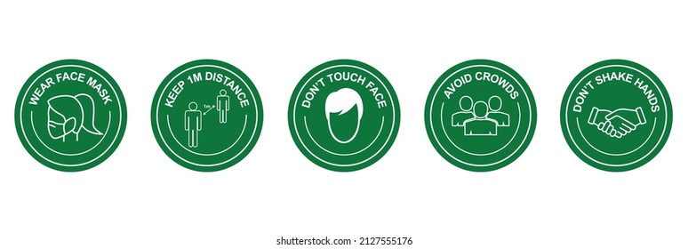 Wear Face Mask, Keep 1m Distance, Don't Touch Face, Avoid Crowd, Don't Shake Hands Icon Set Vector Illustration