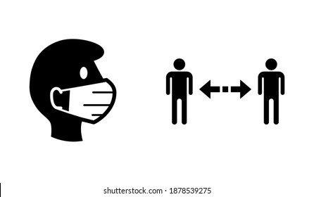Wear a Face Mask and Keep Your Distance Warning or Instruction Sign Set against the Spread of Coronavirus Covid-19. Vector Image.