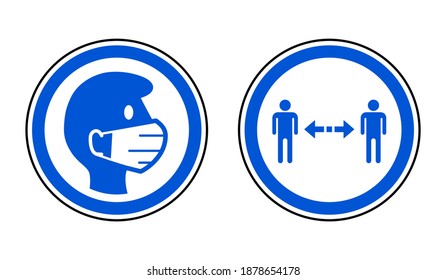Wear a Face Mask and Keep Your Distance Round Warning or Instruction Icon Set against the Spread of Coronavirus Covid-19. Vector Image.