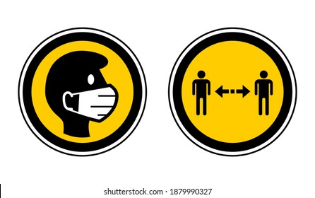 Wear a Face Mask and Keep Your Distance Round Warning or Instruction Icon Set against the Spread of Coronavirus Covid-19. Vector Image.