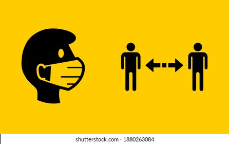 Wear a Face Mask and Keep Your Distance Warning or Instruction Sign Set against the Spread of Coronavirus Covid-19. Vector Image.