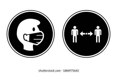 Wear a Face Mask and Keep Your Distance Round Warning or Instruction Icon Set against the Spread of Coronavirus Covid-19. Vector Image.