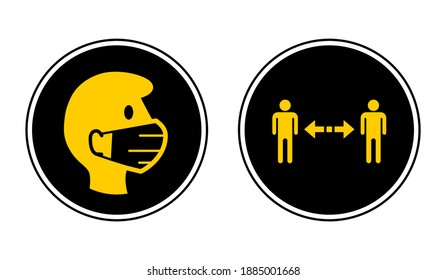 Wear a Face Mask and Keep Your Distance Round Warning or Instruction Icon Set against the Spread of Coronavirus Covid-19. Vector Image.