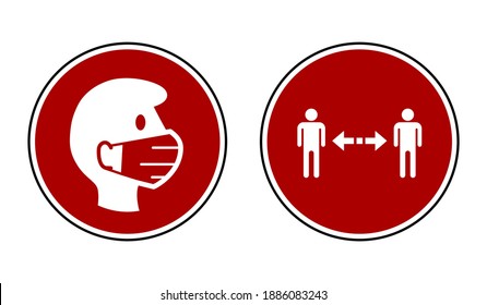 Wear a Face Mask and Keep Your Distance Round Warning or Instruction Icon Set against the Spread of Coronavirus Covid-19. Vector Image.