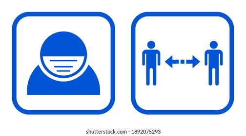 Wear a Face Mask and Keep Your Distance Warning or Instruction Icon Set against the Spread of Coronavirus Covid-19. Vector Image.