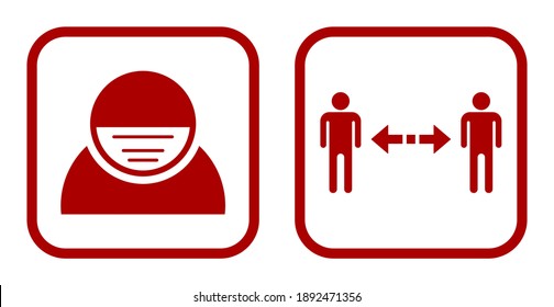 Wear a Face Mask and Keep Your Distance Warning or Instruction Icon Set against the Spread of Coronavirus Covid-19. Vector Image.