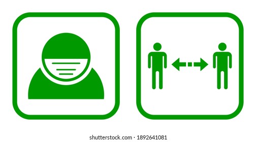 Wear a Face Mask and Keep Your Distance Warning or Instruction Icon Set against the Spread of Coronavirus Covid-19. Vector Image.