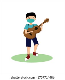 Wear Face mask notice. Mask icon vector. New normal and during coronavirus concept. isolated boy is playing guitar. guitar cartoon. music. adapt. adjust. change.