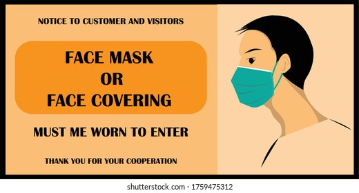 Wear face mask notice. Wear mask symbol and safety sign vector. Face mask and face covering must be worn to enter. mask warning messages. Safety sign during corornavirus. Wear face covering