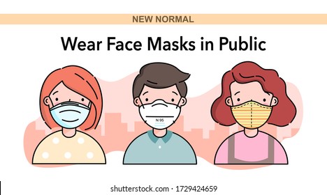 Wear face mask in public, new normal to slow the spreading of coronavirus and self prevention from Covid-19. Man, women character wearing surgical mask and cloth mask. flat design for poster or flyer