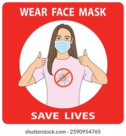 Wear face mask, save lives, sign , symbol, illustration.  woman in medical mask thumbs-up, wearing face mask while going grocery shopping. vector