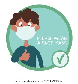 Wear a face mask Sign. Funny cartoon boy in a medical mask. Vector illustration isolated on a white background.