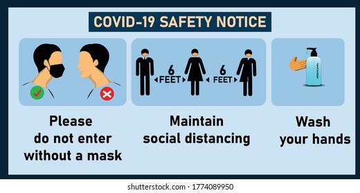 Wear face mask sign. Social distancing sign. Notice about measures to keep safe from Coronavirus. Wash hands. keep a safe distance form others. COVID-19 recommendations