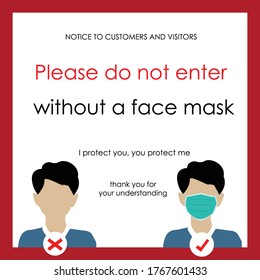 Wear face mask sign and symbol. Please do not enter without a face covering. Mandatory sign vector. Wear surgical mask notice. Wear medical and covering mask sign