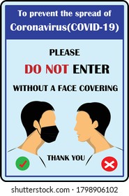 Wear face mask sign and symbol. Please do not enter without a face mask. Protect yourself from Coronavirus. Mandatory surgical and medical mask sign. Protective face sign. Face covering sign warning