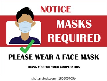 Wear face mask sign and symbol. Please do not enter without a face mask. Protect yourself from Coronavirus. COVID-19 notice. Warning sign to protect face. Notice signs. Mandatory sign vector for mask.