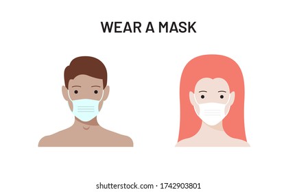 Wear a face mask vector flat icon. Man and woman in medical protective mask