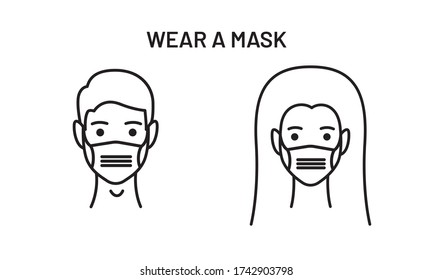 Utilice un icono de línea vectorial de máscara facial. Hombre y mujer con máscara de protección médica