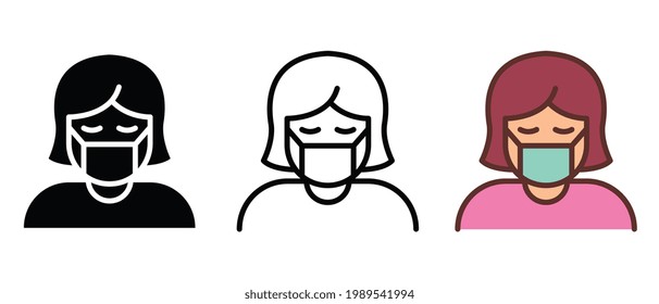 Wear Face Protection Mask If You Are Sick Or Caring For Someone Who Is Sick. Woman In Medical Face Protection Mask Icon. Vector Illustration. Design On White Background.EPS 10.