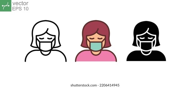 Usa mascarilla de protección facial si estás enfermo o cuidando a alguien que está enfermo. Mujer con icono de máscara de protección facial médica. Ilustración vectorial. Diseño en fondo blanco.EPS 10.