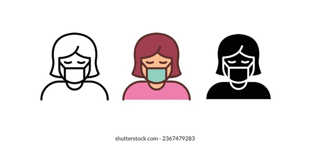 Wear face protection mask if you are sick or caring for someone who is sick. Woman in medical face protection mask icon. Vector illustration. Design on white background.EPS 10.