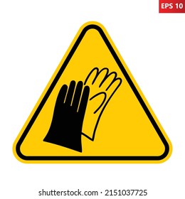 Wear gloves sign. Vector illustration of yellow triangle warning sign with two gloves icon inside. Protective gloves are required. Caution symbol. Bare hands are forbidden. Safety concept.