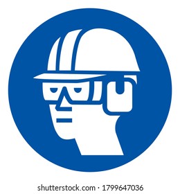 Wear Hard Hat, Chemical Goggles and Ear Muffs Symbol Sign ,Vector Illustration, Isolate On White Background Label. EPS10