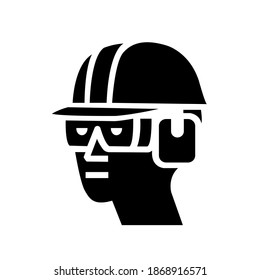 Wear Hard Hat, Chemical Goggles and Ear Muffs Black Icon, Vector Illustration, Isolate On White Background Label. EPS10