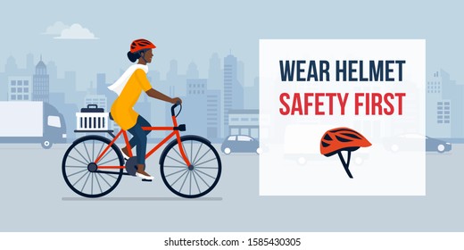 Wear Helmet When Riding A Bike, Woman Cycling In The City Street Wearing A Helmet, Safety Concept