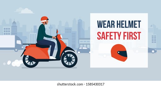 Wear Helmet When Riding A Motorbike, Man Riding A Moped With Helmet And City Street
