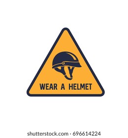 wear a helmet, yellow triangles shape motorbike helmet sign, vector logo.