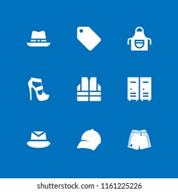wear icon. 9 wear set with clothes label, closet, apron and strap platform heels vector icons for web and mobile app