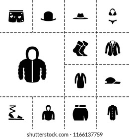 Wear icon. collection of 13 wear filled icons such as hat, skirt, hoodie, jacket, underwear with heart, socks, sandals, dress. editable wear icons for web and mobile.