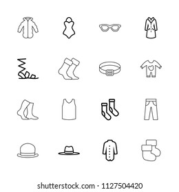 Wear icon. collection of 16 wear outline icons such as socks, sandals, jacket, overcoat, hat, swimsuit, baby socks, baby onesie. editable wear icons for web and mobile.